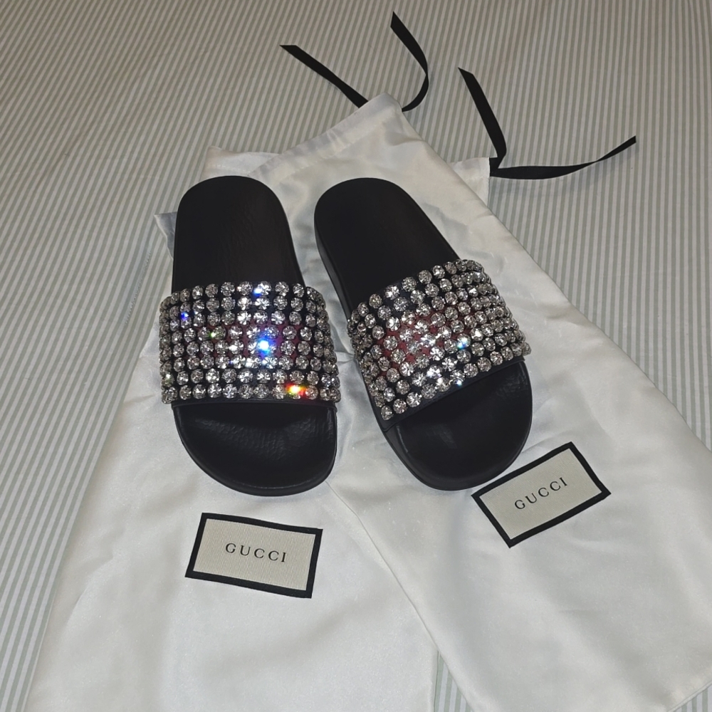 New! Gucci Sandals Slides Apollo Cathena Swarovski Crystal Bling EU37/6.5-7.